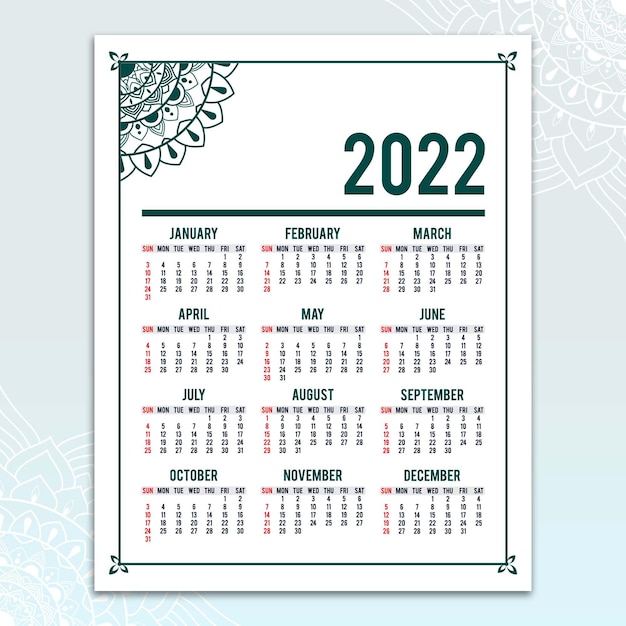 Simple wall calendar template 2022