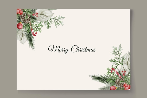 Simple watercolor christmas card with green and red ornament