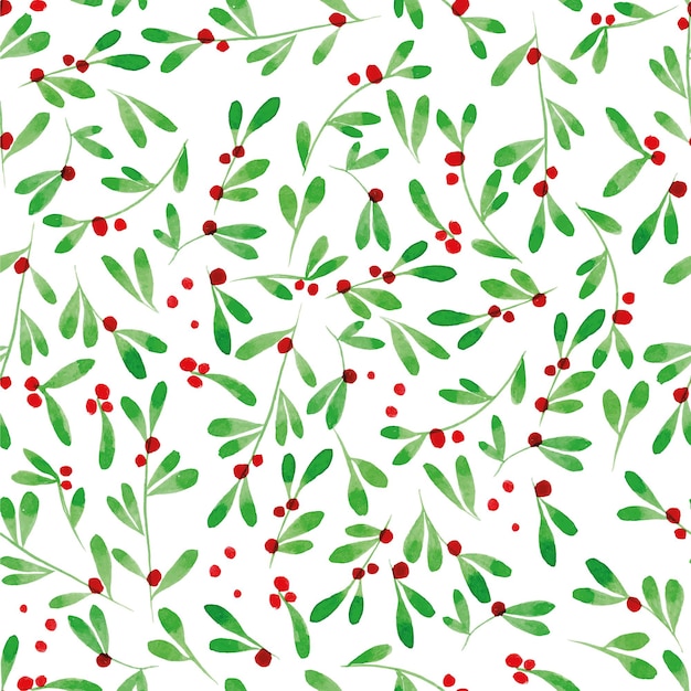 Simple watercolor pattern for christmas new year cute green leaves and berries