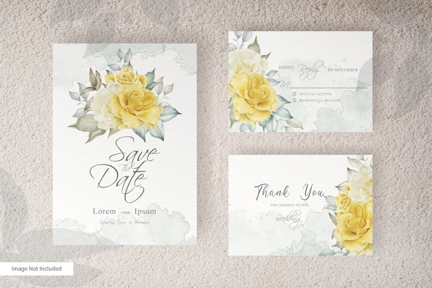 Simple Watercolor wedding card template set with floral and leaves