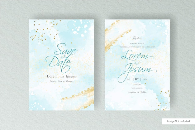 Simple watercolor wedding invitation card template with hand painted liquid watercolor and abstract watercolor splash design