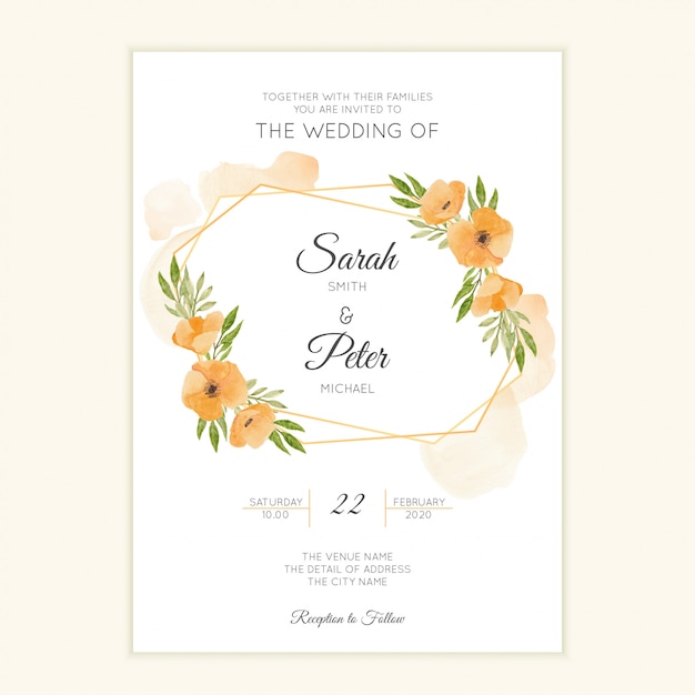 Simple wedding card template with watercolor floral wreath