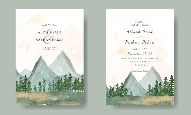 Simple Wedding Invitation Card Template with Watercolor Landscape Mountain and Pine Trees Background