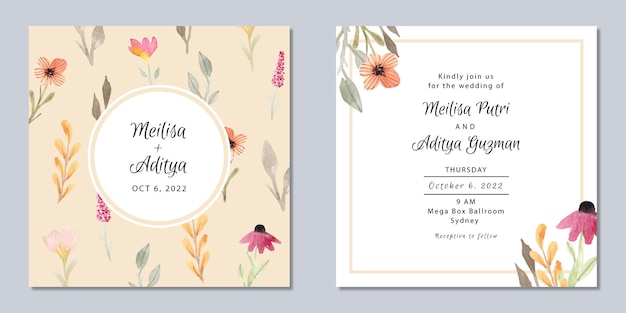 simple wedding invitation card with hand painted watercolor floral background