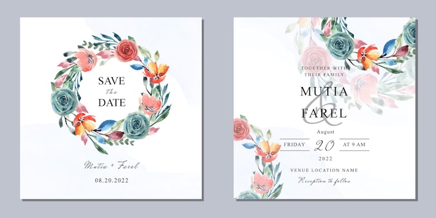 水彩花輪と抽象的な背景を持つシンプルな結婚式の招待状のテンプレートの正方形