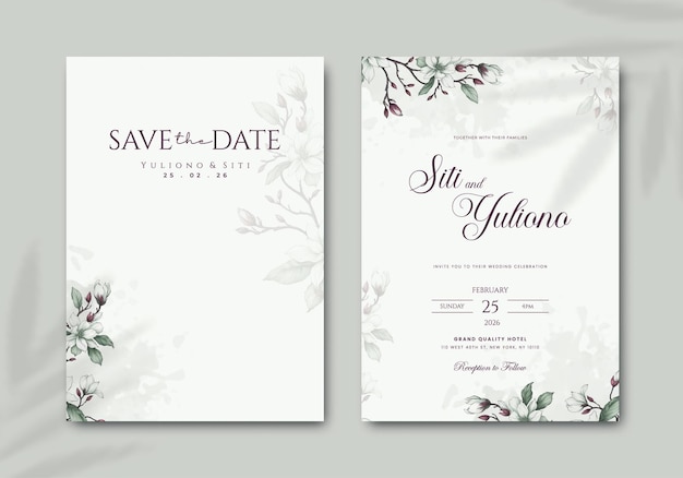 Simple wedding invitation template with flower watercolor premium vector