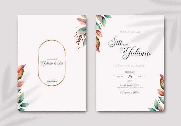 Simple wedding invitation template with flower watercolor premium vector