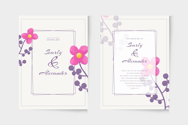 Simple wedding invitation template with pink floral watercolor ornament