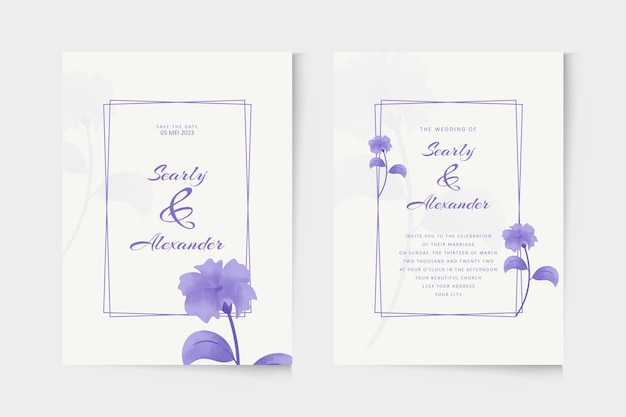 Simple wedding invitation template with purple flower watercolor