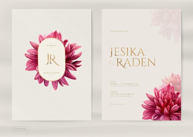 Vector simple wedding invitation template with vintage dahlia flower watercolor