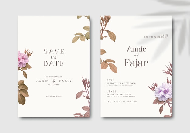 花の水彩画のシンプルな結婚式の招待状プレミアムベクター