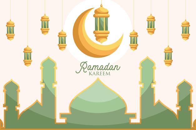 Простая белая исламская иллюстрация Рамадана Карима с полумесяцем и золотым фонарем