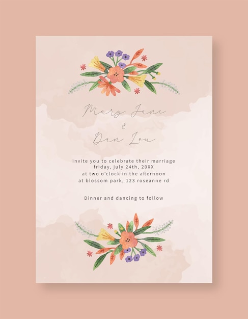 Simple wild floral watercolor wedding invitation tamplate