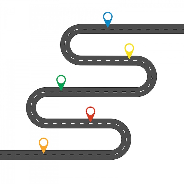 Simple winding road with multicolor pinpointers. Template for some steps or actions.