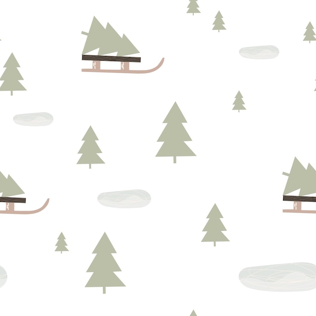 ベクトル モミの木の森と白のそりフラット ベクトル図と単純な冬のシームレス パターン