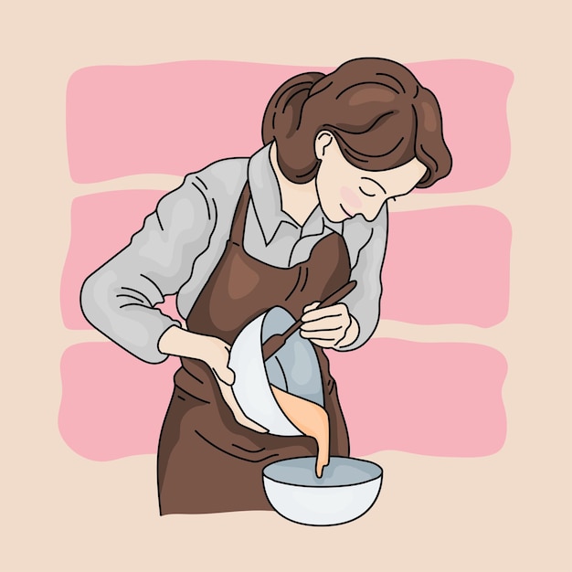 Vector simple woman cooking and bake for decoration bakery cake