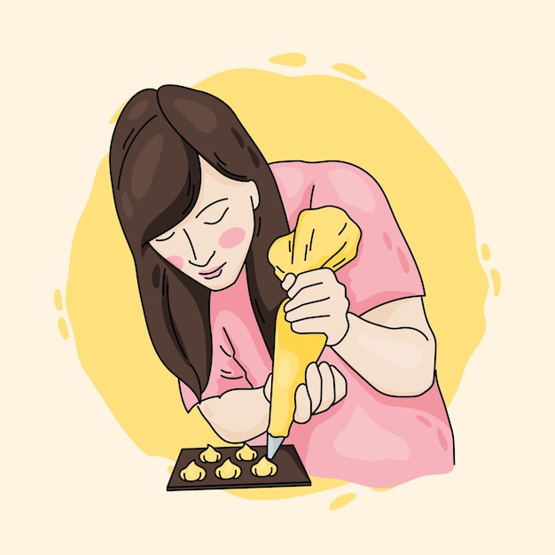 Vector simple woman cooking and bake for decoration bakery cake