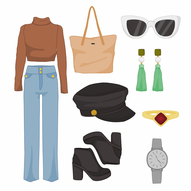 Simple women fashion style items illustration set