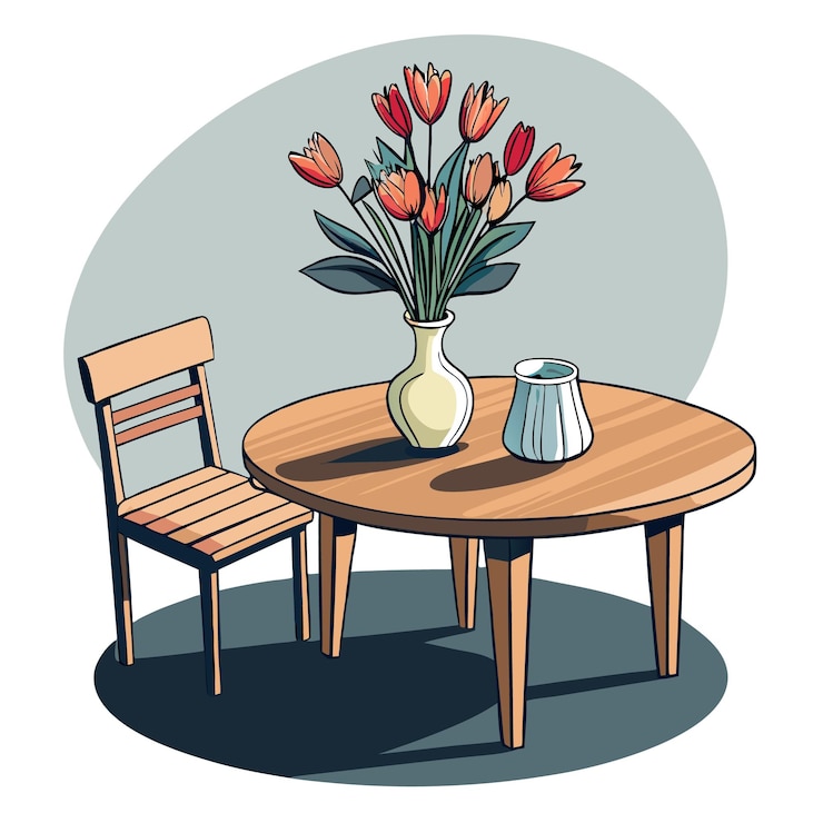 Vector a simple wooden table with a vase of flowers and a chair