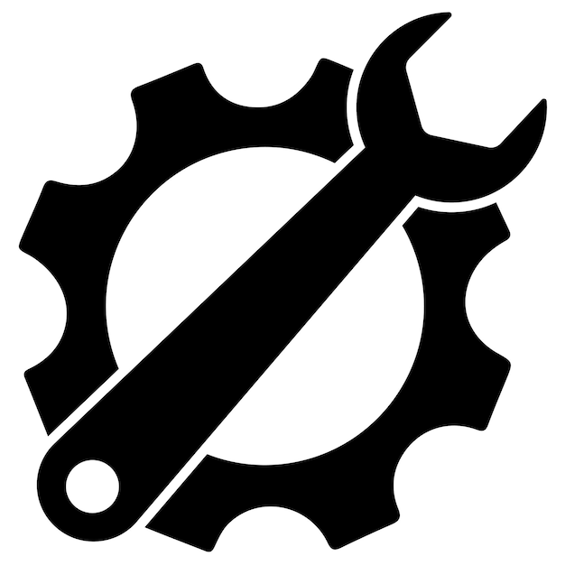 Simple wrench and gear icon with shadow and white background
