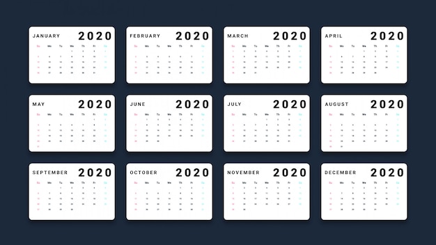 Calendario anno semplice per il 2020 isolato su sfondo nero