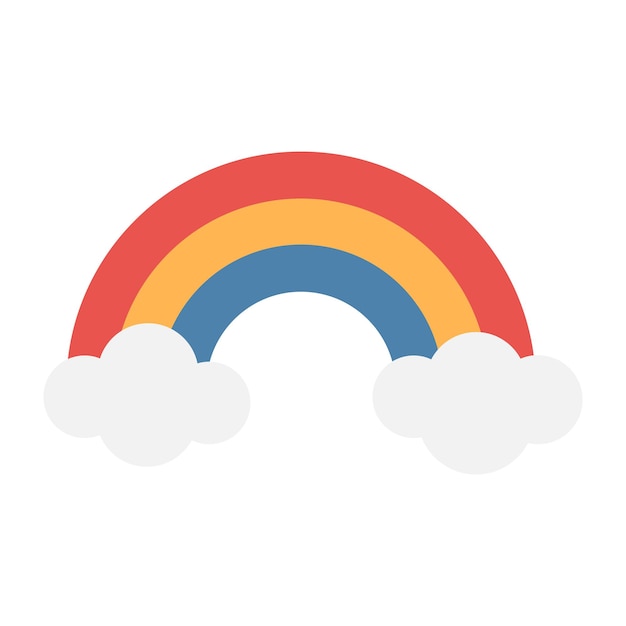 Simplest cartoon tricolor rainbow with clouds. Red, orange, blue. Vector Illustration.