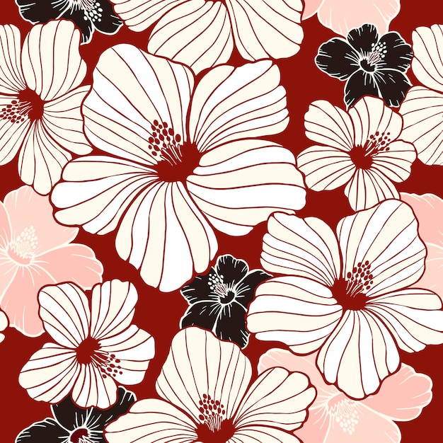 Vector simplicity hibiscus seamless pattern in red background