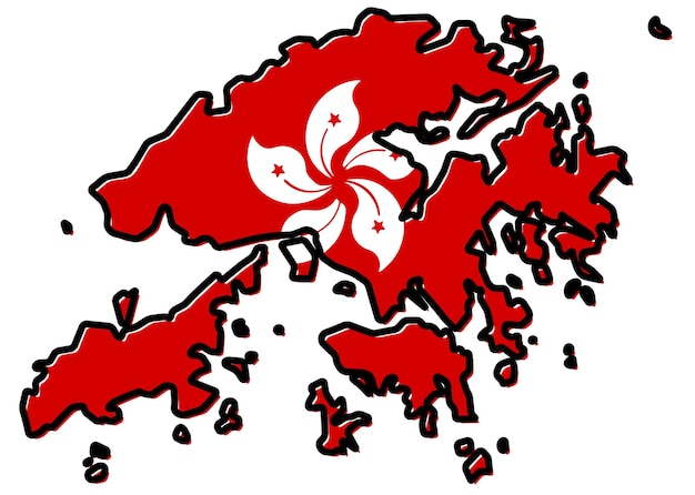 Vector simplified map of hong kong outline, with slightly bent flag under it.