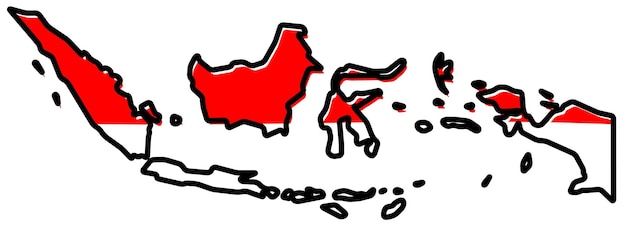 인도네시아 개요의 단순화된 지도 아래에 약간 구부러진 깃발이 있습니다.