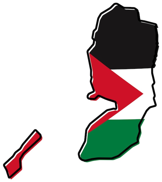 Simplified map of Palestine (West Bank and Gaza Strip) outline, with slightly bent flag under it.