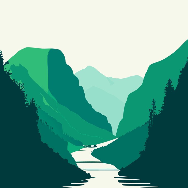 Vector simplistic panoramic side view of green mountains and a river coming out from one of them