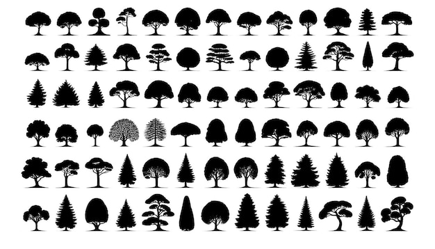 Vector simplistic tree silhouettes in diverse forms