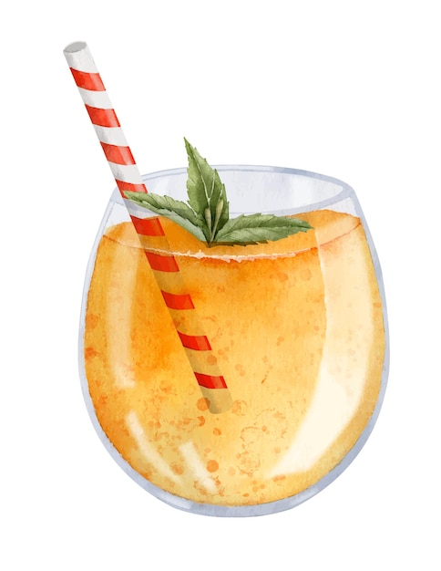 Sinaasappelsap of papaya in glas met stro en munt Handgetekende illustratie van zomerse tropische exotische koude drank op geïsoleerde achtergrond Tekening van zoete cocktail voor bar ontbijtmenu