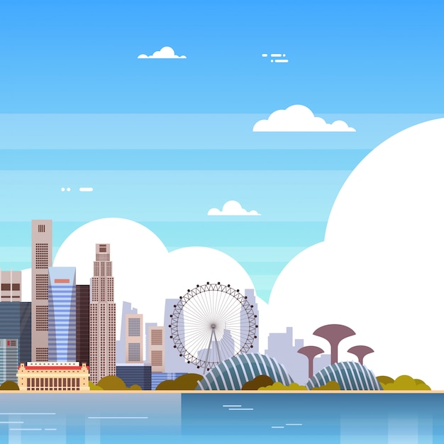 Vector singapore background beautiful cityscape with famous landmarks and skyscrapers