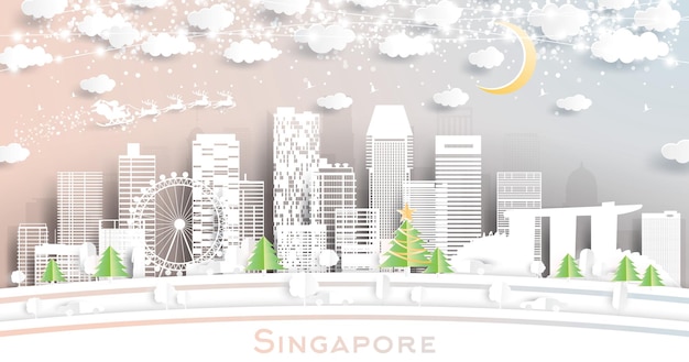 Вектор Горизонт сингапура в стиле вырезки из бумаги со снежинками луны и неоновой гирляндой