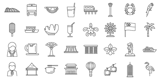 Singapore icons set outline vector Park airport City palm