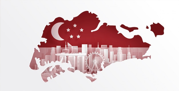 Vector singapore map with flag and world famous landmark