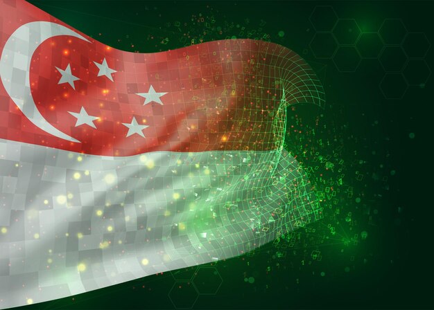 Singapore, op vector 3D-vlag op groene achtergrond met veelhoeken en gegevensnummers