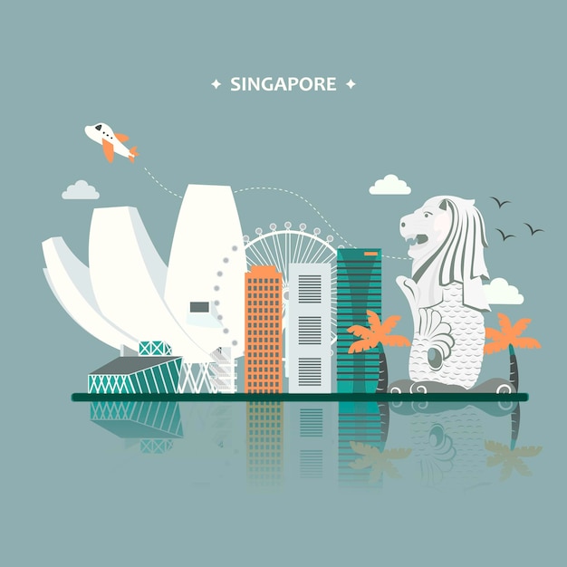 Singapore reisattracties poster in vlakke stijl
