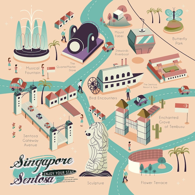 Vettore progettazione di poster di paesaggi di singapore in stile isometrico 3d