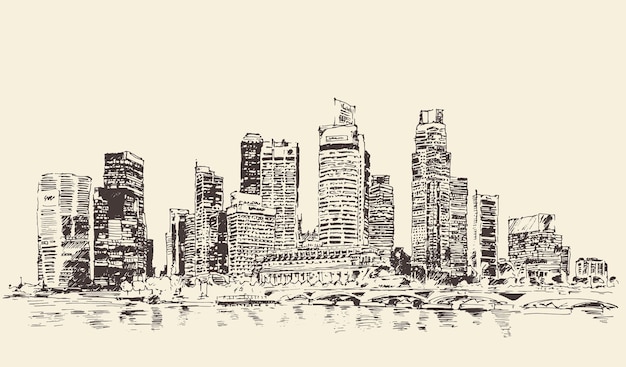 싱가포르, 스카이 라인, 빈티지 새겨진 그림, 손으로 그린, 스케치