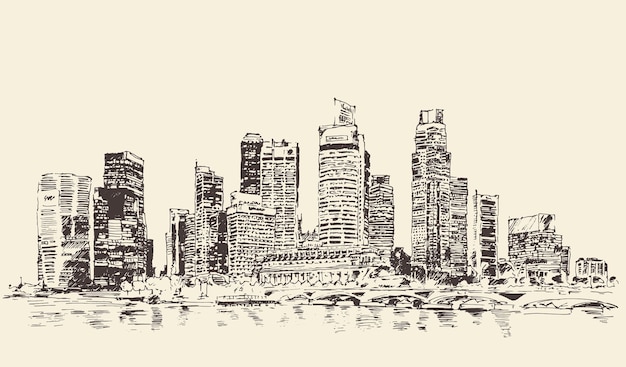 Singapore, skyline, vintage gegraveerde illustratie, met de hand getekend, schets