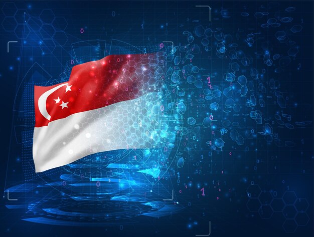 Singapore, vector 3d flag on blue background with hud interfaces