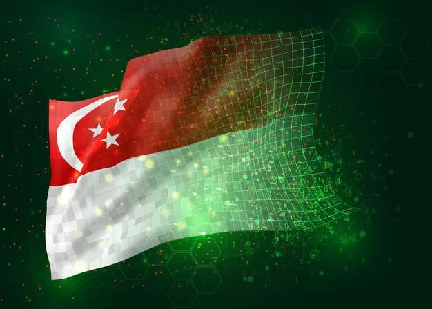 Singapore, on vector 3d flag on green background with polygons and data numbers