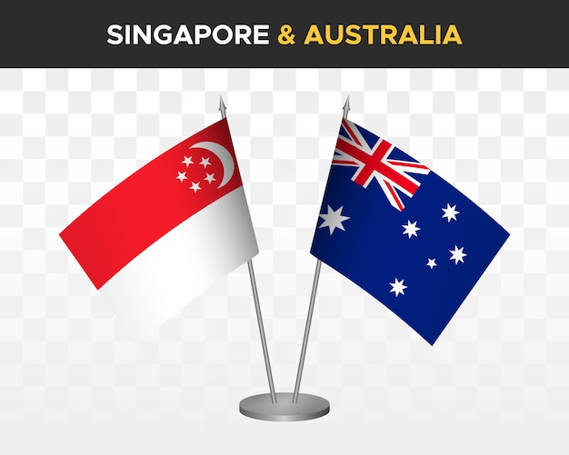 Singapore vs Australië bureauvlaggen mockup geïsoleerde 3d vector illustratie tafelvlaggen