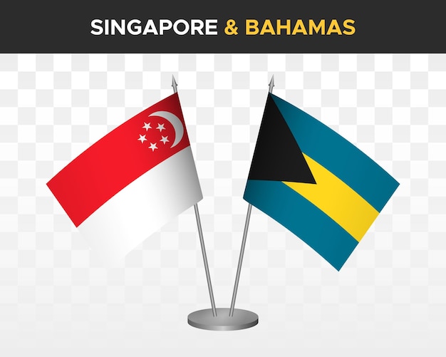 Bandiere da scrivania singapore vs bahamas mockup isolato 3d illustrazione vettoriale bandiere da tavolo