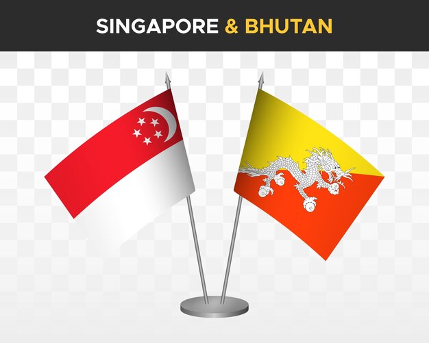 Bandiere da scrivania singapore vs bhutan mockup isolate 3d illustrazione vettoriale bandiere da tavolo