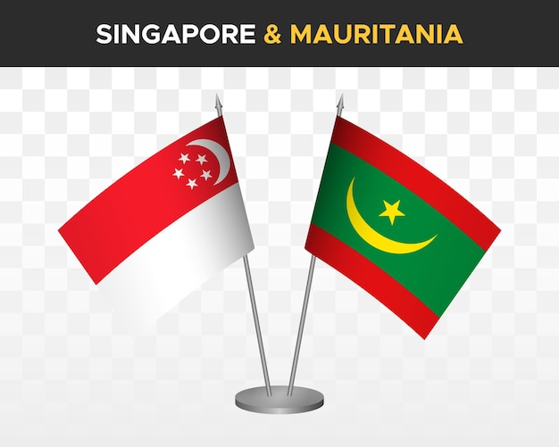Singapore vs Mauritanië Bureau vlaggen mockup geïsoleerde 3d vector illustratie tafel vlaggen