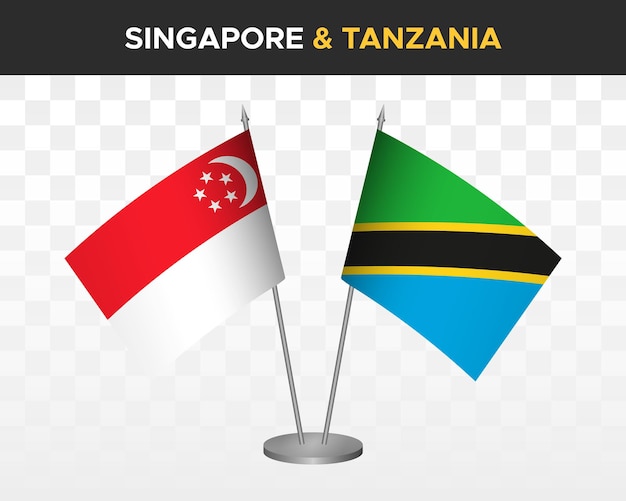 Singapore vs tanzania desk flags mockup isolated 3d vector illustration table flags