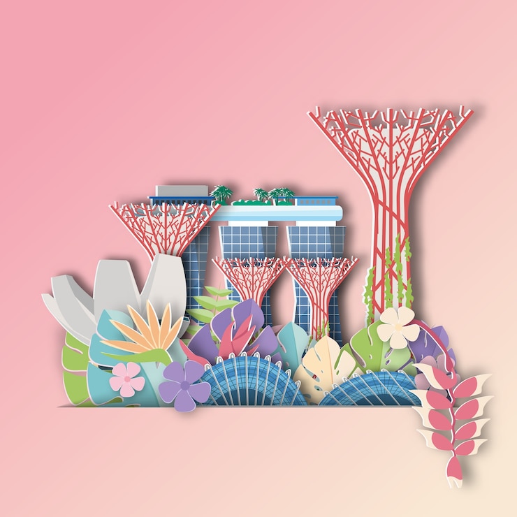 Vector singapore  with tropical leaf  summer banner.